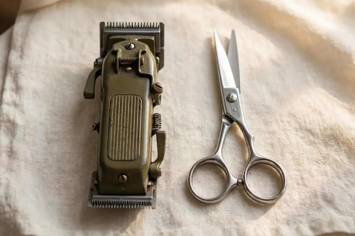 Barber clippers and shears lined up in a crisp row on cream linen